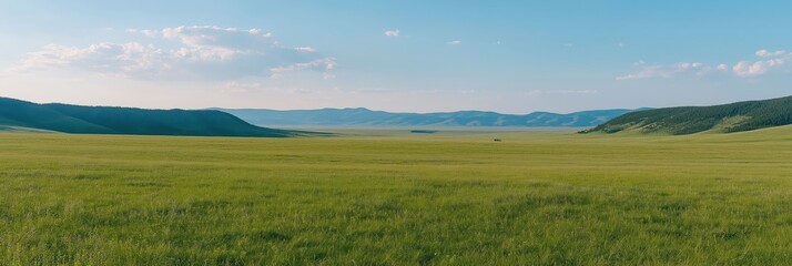 Fototapeta premium Expansive green meadow under serene blue sky - tranquil spring landscape panorama