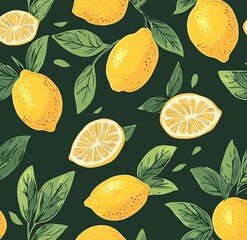 Seamless pattern of lemons and leaves on a green background. Perfect for fabric, wallpaper, and packaging design.