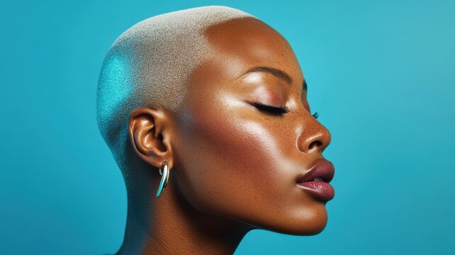 A woman with short hair and a shaved head is looking at the camera