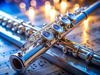 Obraz premium Elegant Silver Flute Lying on Sheet Music with Soft Lighting and Reflections in a Studio Setting