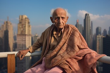 Naklejka premium Portrait of a blissful indian elderly 100 years old man showing off a thermal merino wool top on stunning skyscraper skyline