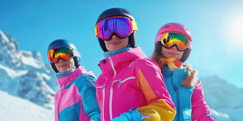 Three girl friends in colorful ski costume practicing ski at mountain resort on a sunny winter day.