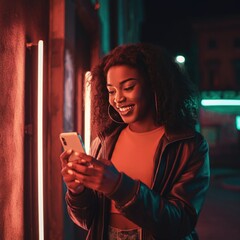 A woman stands in front of a neon-lit wall at night, smiling at her phone, her trendy outfit and the urban energy contrasting her calm, joyful expression.