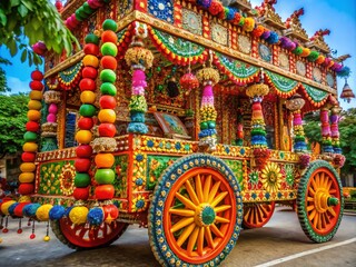 Elegant traditional carroza adorned with colorful decorations for festive celebrations in vibrant setting