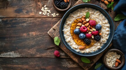 A bowl of oatmeal topped with berries, nuts, and honey on a wooden surface.