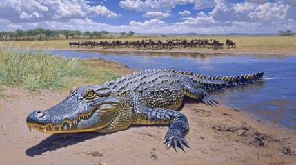 A large crocodile rests near water with a herd of wildebeests in the background.
