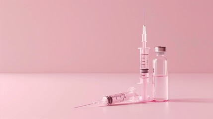 A syringe and a bottle of medicine are on a pink background