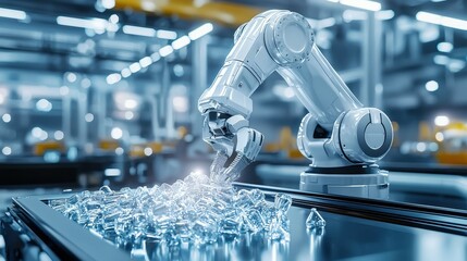 A robotic arm works in a factory, sorting small, clear objects.