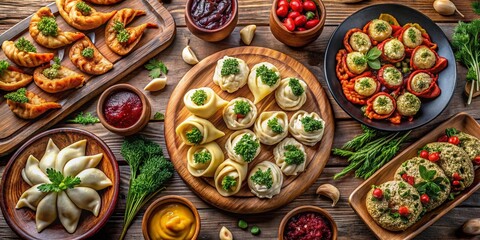 Fototapeta premium Elegant Volovanes with Savory Fillings on a Wooden Table Ready for a Delicious Culinary Experience