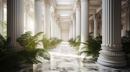 Naklejka premium Large white hall with tall pillars and a lot of greenery