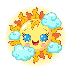 Cute kawaii sun behind the cloud. Cartoon smiling characters. Isolated on white background. For kids design prints, posters, cards, stickers, etc. Vector illustration