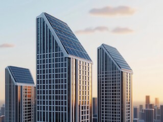 Solar panels installed on futuristic skyscrapers in an eco-friendly city, sustainable energy, urban renewable innovation