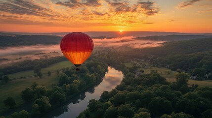 Vibrant hot air balloon soaring over scenic river valley at sunrise
