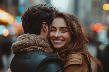 Affectionate couple embracing and sharing a joyous moment in the city, Generative AI