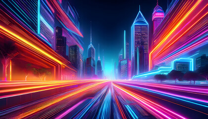 Vibrant neon light trails pass through a futuristic cityscape at night, showcasing skyscrapers and dynamic colors
