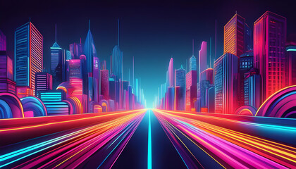 Vibrant neon light trails pass through a futuristic cityscape at night, showcasing skyscrapers and dynamic colors