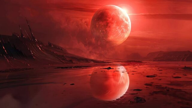 A large, red moon hangs low in the sky over a desolate, alien landscape