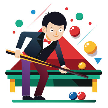 recommend clip art: Pool billiards, human next to red table with snooker cues and balls, logo design. Billiards sports game and tournament with the player, vector design and illustration, silhouette 