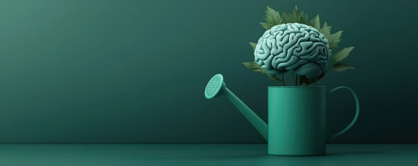 A surreal image featuring a brain placed in a watering can, symbolizing growth and nurturing of ideas amidst a green backdrop.