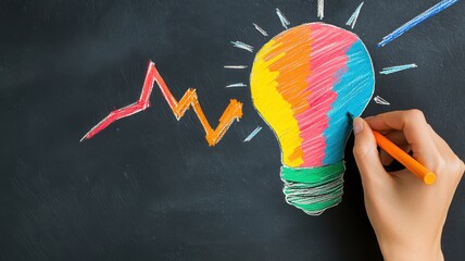 A colorful light bulb drawing on a blackboard, symbolizing creativity and innovation with a rising graph trend.