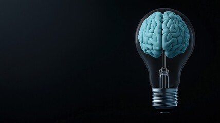 A light bulb contains a brain, symbolizing creativity, intelligence, and innovative ideas against a dark background.
