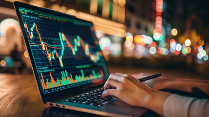stock market business data graphs display on laptop screen, data analysis graph 