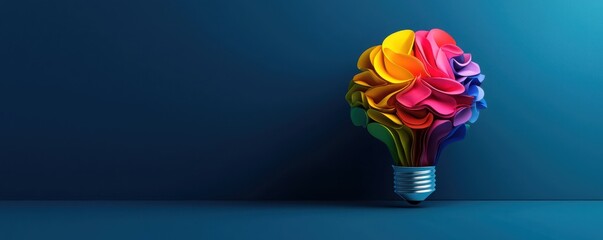 A colorful light bulb transformed into a floral design, symbolizing creativity and innovative ideas against a blue background.