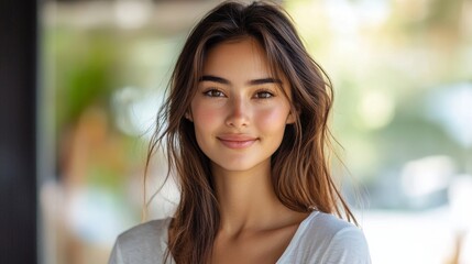 Fototapeta premium Beautiful woman in casuals looking at camera and smiling, Generative AI