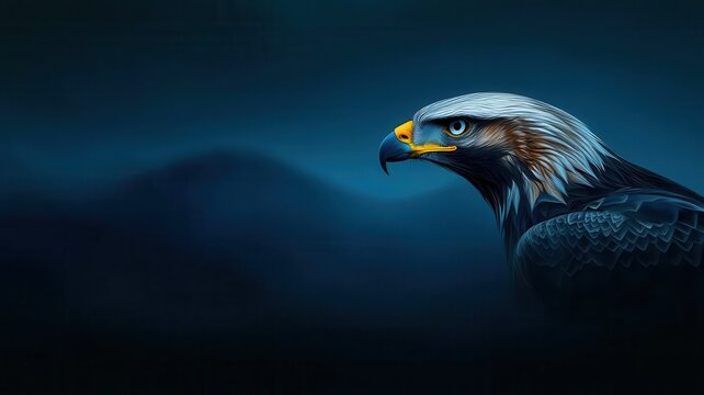 A majestic eagle outlined against a dark, misty background, showcasing its sharp beak and intense gaze.