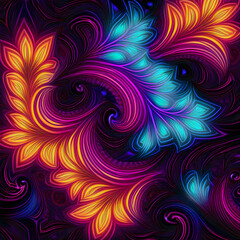 Vibrant abstract design featuring swirls and leaves in bright colors on a dark background