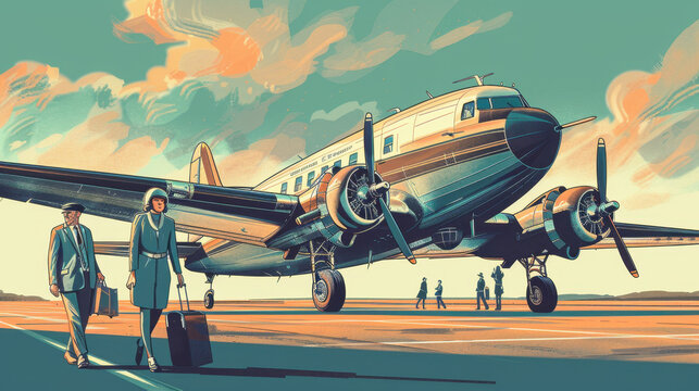 Vintage-style illustration of the DC-3 airplane on an airport runway with passengers walking towards it