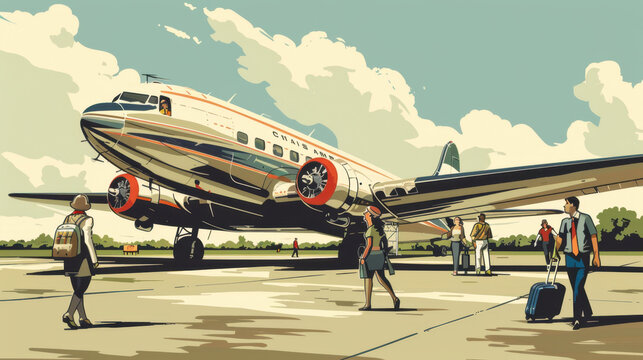 Vintage-style illustration of the DC-3 airplane on an airport runway with passengers walking towards it
