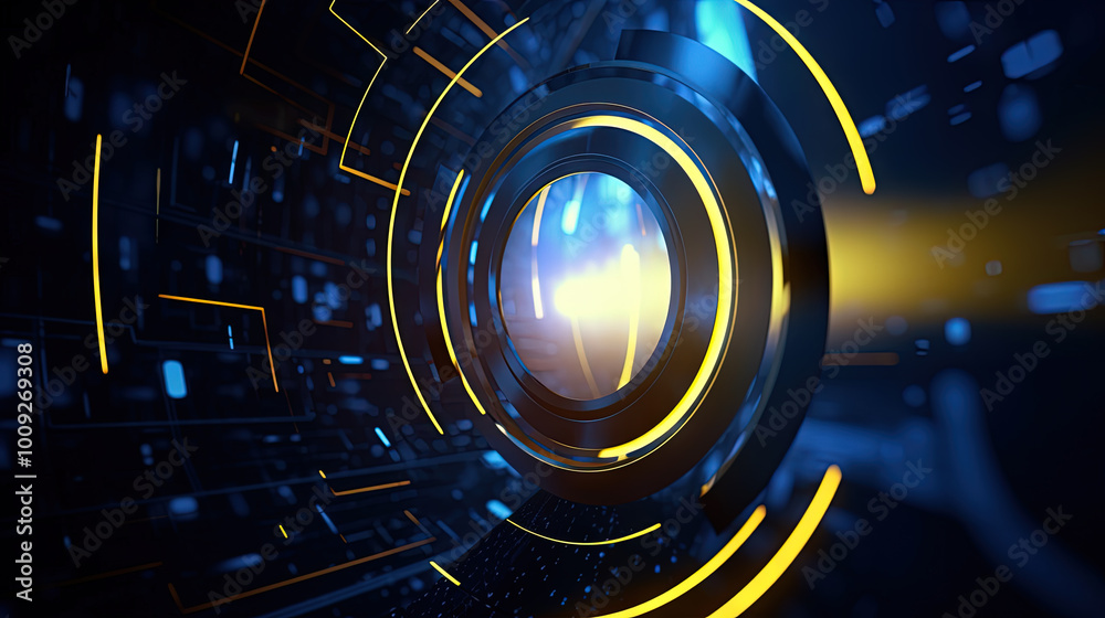 Poster Technology abstract background with hud styled round interface elements in neon tech light.