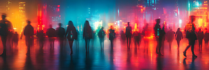 Fototapeta premium Blurred Silhouettes of People Walking in a City with Neon Lights and Reflections