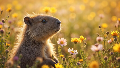 Fototapeta premium A cute capybara in a flower field with warm daylight sunbeam