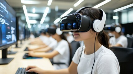 Young woman wearing VR headset in a classroom setting.