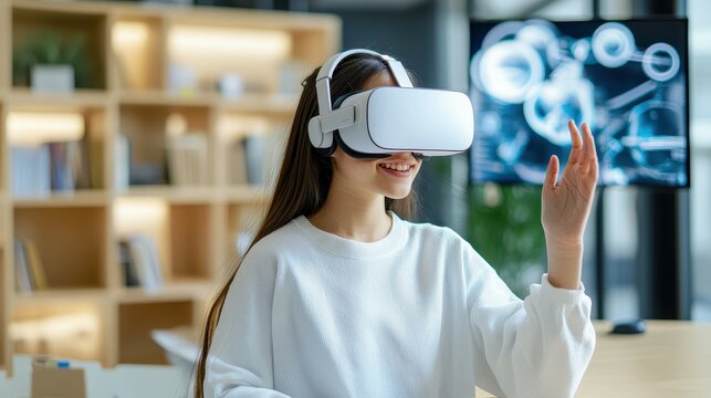 Young woman in VR headset smiles and gestures with her hand.