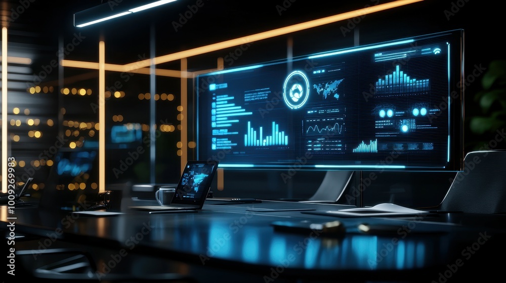 Poster A modern office with a large monitor displaying data and graphs.