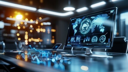 Obraz premium A computer monitor displays a map and charts in an office setting.