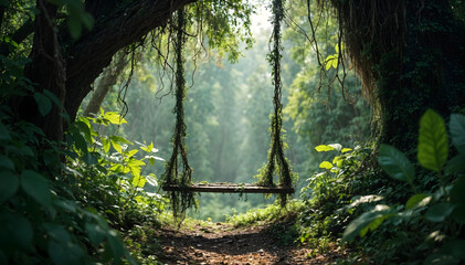 An old wooden vine swing in the middle of the jungle basking in nature sunlight