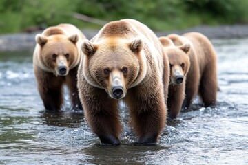 Obraz premium A family of brown bears fishing in a river, with the powerful animals standing in the water, waiting to catch salmon as they swim upstream