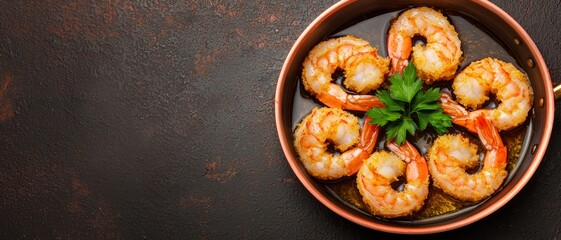 Gourmet Copper Skillet with Succulent Shrimp on Textured Surface - Foodie Delight in Warm Tones