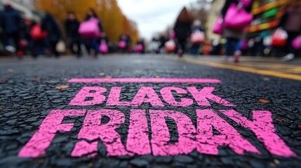 A close-up of a pink Black Friday inscription on the asphalt against a background of blurred people with colorful bags. The concept of discounts and sales