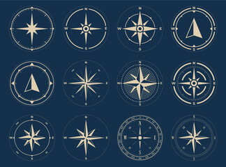 Set of vintage compass icons. Determination of direction of the sides of the world. Orientation on the terrain, laying the path. Vector illustration