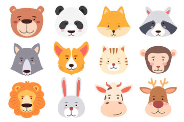 Cute cartoon animal faces. Heads of various animals. Children masks in the form of animals. Vector illustration