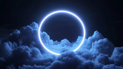 Obraz premium Na ciemnym, nocnym niebie widnieje abstrakcyjna chmura, oświetlona intensywnym neonowym pierścieniem.