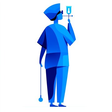 recommend clip art: A nurse adjusting IV drip clipart, healthcare scene, flat design, blue scrubs, isolated on white background