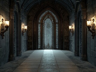 Enigmatic Gothic Grandeur Intricate Arched Doorway in Dark Castle Hall - Mystical Medieval Architecture and Sconce Lighting