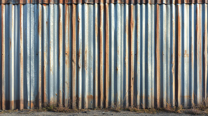 Obraz premium weathered metal wall with vertical corrugated patterns, showcasing rust and wear