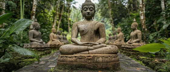 Obraz premium Serene Stone Buddha Statue in Meditative Contemplation Surrounded by Lush Greenery - Tranquil Spiritual Serenity